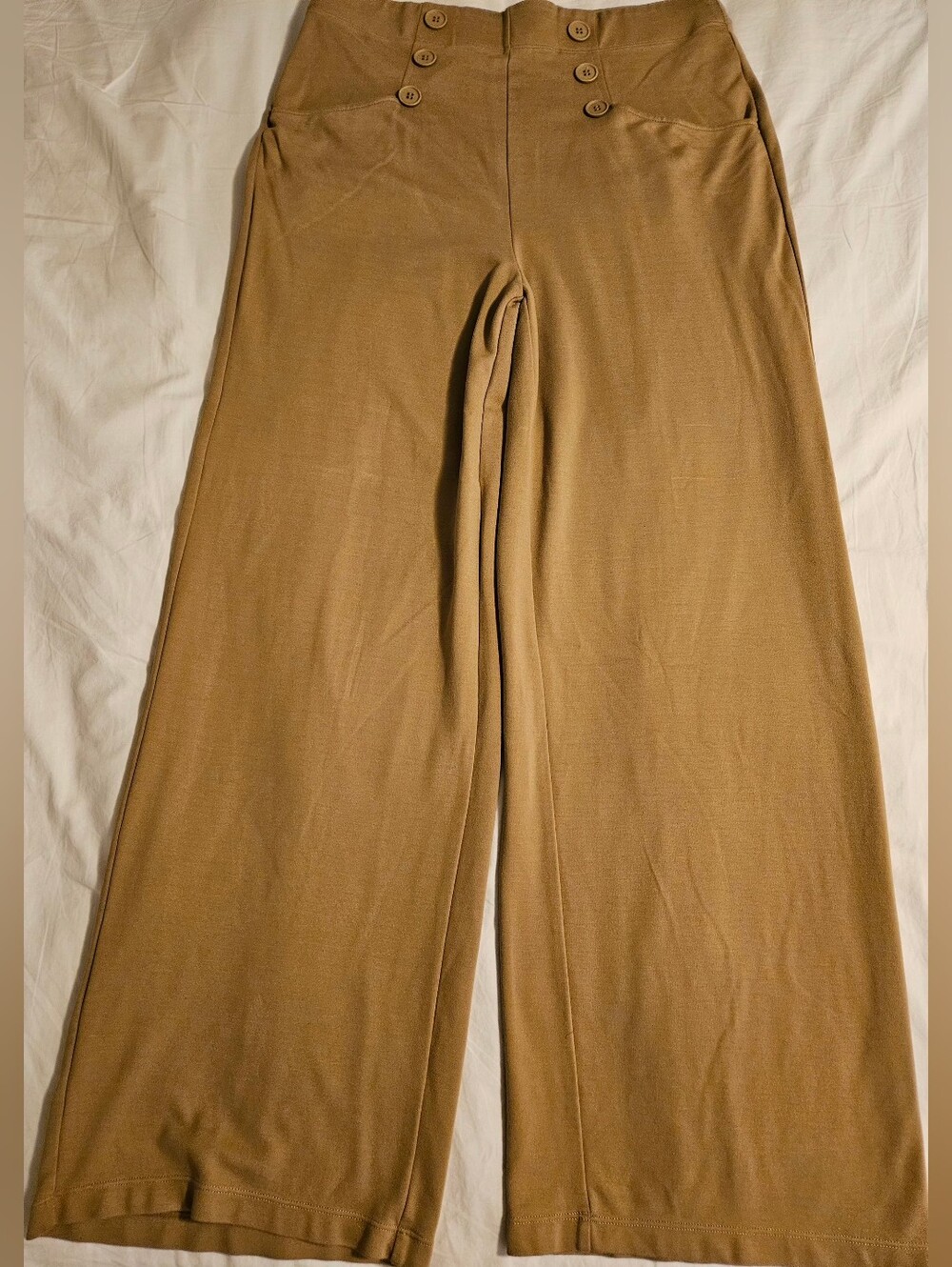 Max Studio London Sailor Wide Leg Pants XL Camel Beige Button Front Ponte